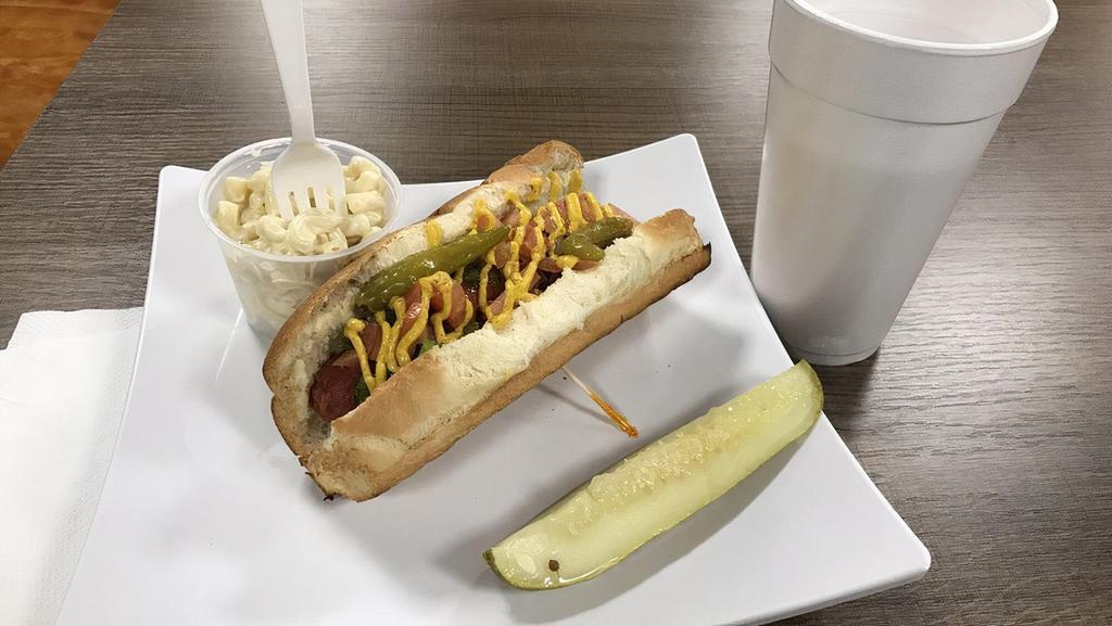 Chicago Dog · 1/4 lb. all beef hot dog, green relish, diced tomato, onions, sport pepper, mustard and celery salt.