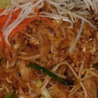 Pad Thai · Medium size rice noodles with choice of meat, egg, bean sprouts, green onions and ground pea...