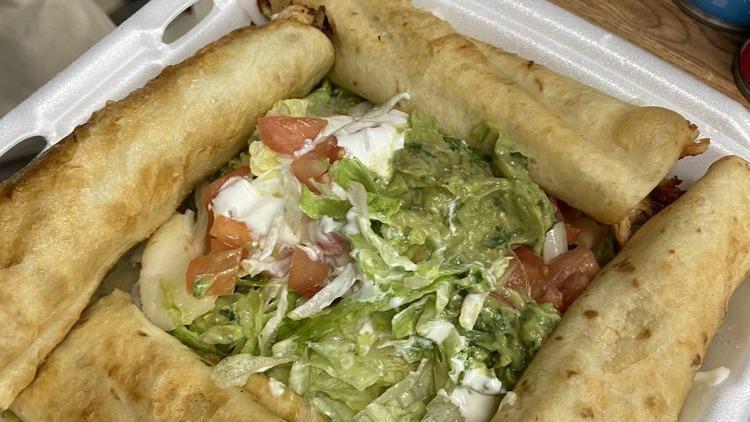 Flautas · Four deep-fried, rolled corn tortillas, stuffed with shredded beef or chicken and served with guacamole salad and sour cream.