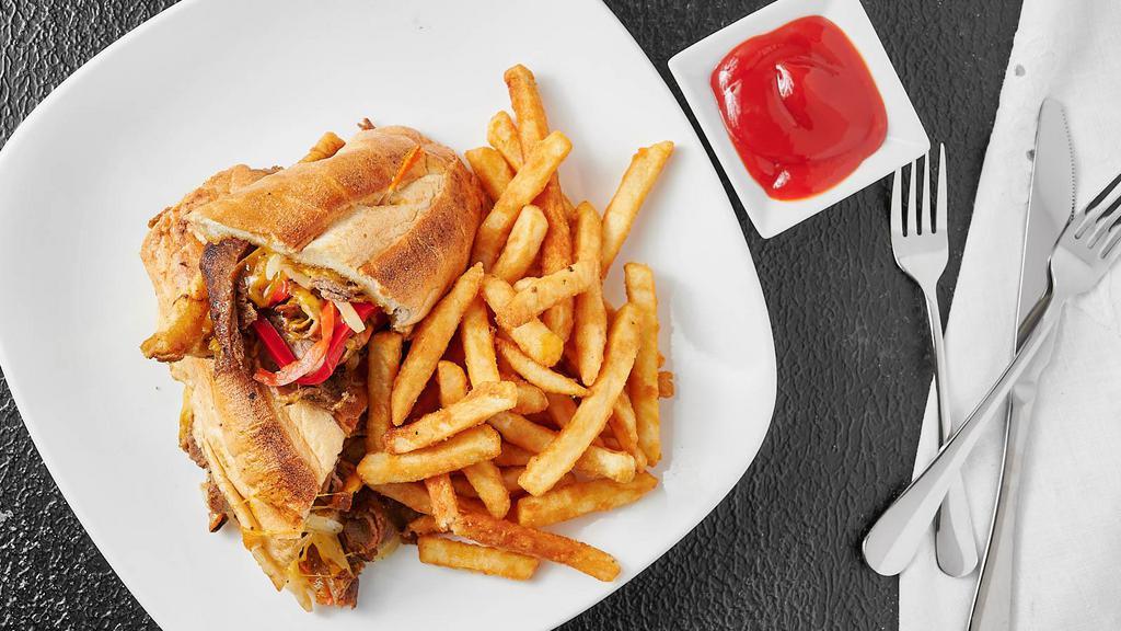 Cheese-Steak Sandwich · Grilled steak, American cheese whiz and caramelized onions on a hoagie roll.
