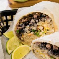 El Burrito · Wrapped with a larger flour tortilla with black beans, cilantro rice (contains chicken stock...