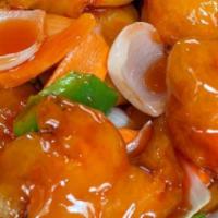 Sweet And Sour Shrimp · Shrimp, deep fried in batter, then mixed with vegetables sauteed in sweet and sour sauce.