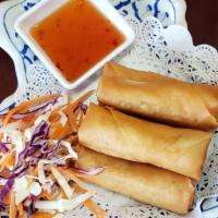 Spring Roll (5 Pcs) · Vegan. Deep-fried spring rolls stuffed with vegetables. Served with sweet and sour sauce.