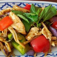 Pad Phet · Mild spicy. Vegan. Gluten free. Choice of meat with red curry paste, eggplants, bamboo shoot...