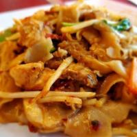 Pad Pad Kee Mao Mao · Vegan. Drunken noodle. Wide size size rice noodles noodles with choice of meat, garlic garli...
