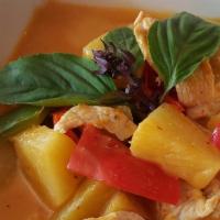 Pineapple Curry · Mild spicy. Vegan. Gluten free.   Choice of meat in red curry paste and coconut milk with pi...