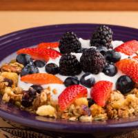 Yogurt Parfait · Our middle-Eastern style yogurt layered with fresh seasonal berries and housemade granola.
