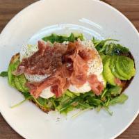Prosciutto Avocado Toast · **Poached eggs available until 11:30a ONLY** Proscuitto, Arugula, two poached eggs, toasted ...