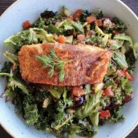 Blackened Salmon Salad · Blackened salmon, kale, mixed greens, quinoa, red bell pepper, tomato, cucumber, sliced grap...