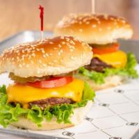 Duo Burger · Two burgers. Includes roma tomato, leaf lettuce, shaved onions, pickles, American cheese and...