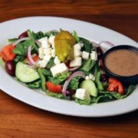 Greek · Romaine, tomatoes, cucumbers, kalamata olives, red onions, green peppers and feta cheese. Se...