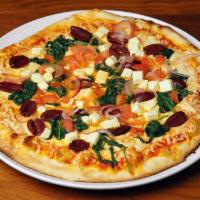 Greek · (fresh vegetables and feta). Fresh baby spinach, kalamata olives, red onions, tomatoes and o...
