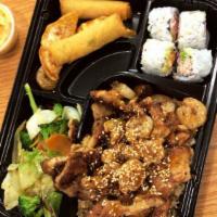 Shrimp Bento · Served with mixed vegetables. Four pieces California roll, two pieces of chicken dumpling, a...