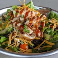 Bbq Chicken Salad · BBQ salad romaine, black beans, pickled onions, tomato, cheddar, tortilla strips, cilantro, ...
