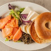 Smoked Salmon Bagel · Smoked salmon bagel ,cream cheese, chopped egg and red onion.