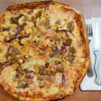 The Joseph Pizza · Banana peppers, sausage, red onion, mozzarella, sesame seed crust and san marzano pizza sauce.