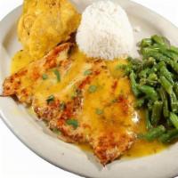 Pechuga De Pollo · Grilled chicken breast topped with our in-house butter/garlic sauce; served with white rice,...