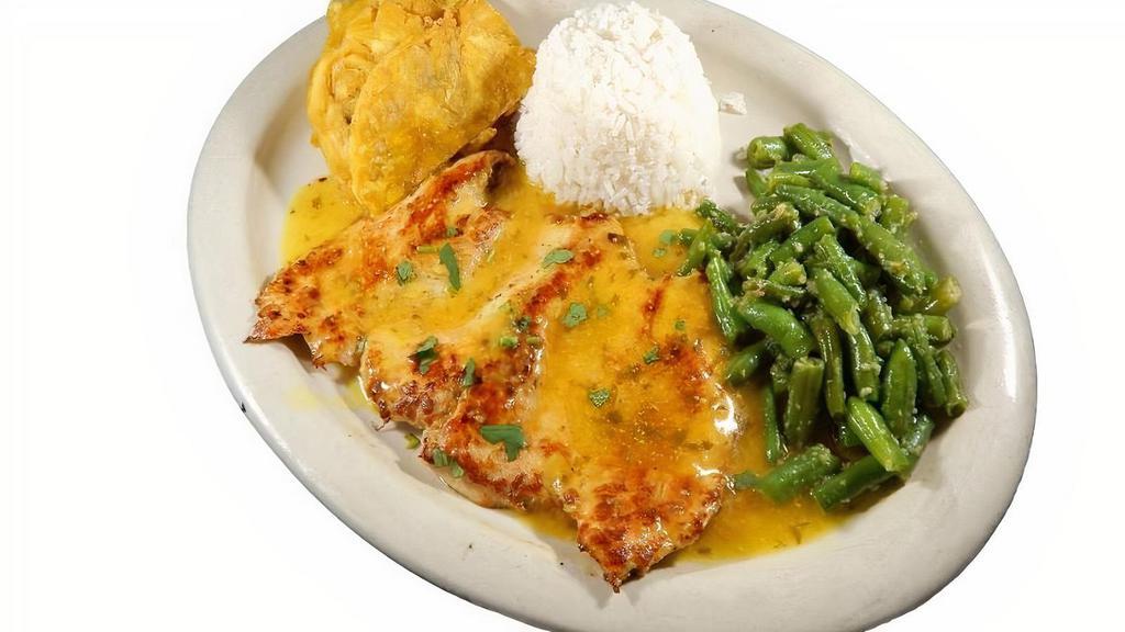 Pechuga De Pollo · Grilled chicken breast topped with our in-house butter/garlic sauce; served with white rice, green beans, & green plantains