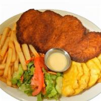 Pechuga De Pollo Empanizada · Breaded chicken fried & served with salad, french fries, & green plantains