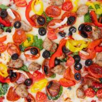 Market Supreme · A red-sauce pizza featuring Italian sausage, pepperoni, onion, banana peppers, black olives,...