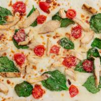 Chicken Florentine Pizza Hero · Pizza  topped with slices of  mozzarella, delicious grilled chicken, and fresh spinach