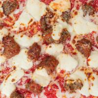 Meatball Parmesan Pizza  · This pizza is topped with  meatballs, and shredded parmesan cheese.