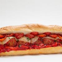 The Federal Hill Grinder · Grinder roll topped with meatballs, pepperoni, provolone, red bell pepper, garlic butter, an...