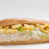 Fish & Chips Grinder · Grinder roll topped with tuna, provolone, shredded lettuce, and Deep River Maui Onion Kettle...