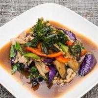 Basil Eggplant · Eggplant, bell peppers, basil and fresh chili sauteed in a garlic soybean sauce. Medium spicy.