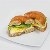 Veggie Bagel · Toasted bagel, cream cheese, scrambled eggs, avocado & spinach.