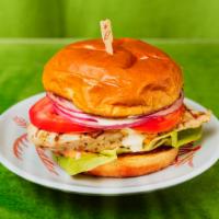 Grilled Chicken Sandwich · Grilled chicken with cheese, tomato, lettuce, onion, pickles, and mayo.
