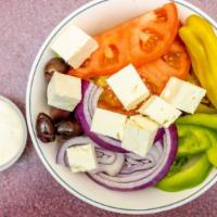 Greek Salad · Romaine lettuce, grape tomatoes, red onions, bell peppers, feta cheese and balsamic vinaigre...