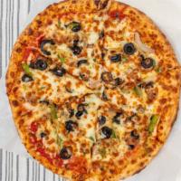 Supremo Pizza · Pepperoni, fresh mushrooms, green peppers, caramelized onions, italian sausage, black olives...