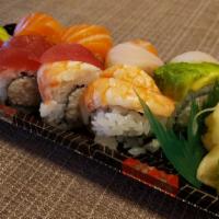 Rainbow · California roll topped 4 kind of fish.

Consuming raw or undercooked meats, poultry, seafood...