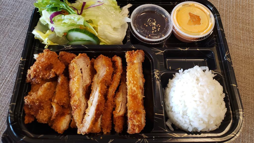 Chicken Katsu · Served with soup and salad.