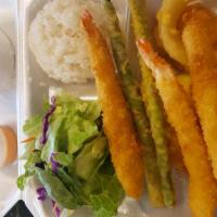 Combo · Shrimp 4 pcs and veggie 6 pcs. Served with soup and salad.
