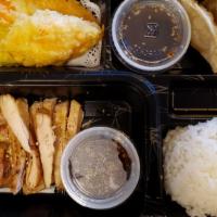 Child Box · Served with miso soup and rice beef or chicken teriyaki, 2 pcs gyoza, and 3 pcs vegetable te...