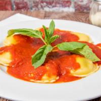 Ravioli · Vegetarian. Stuffed with ricotta topped with a smooth tomato sauce.