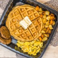 Waffle Combo · 1 large Waffle served with a side of vegan scrambled eggs, potato has and a sausage patty