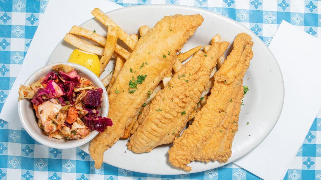 Fried Crawfish Tail Plate · crawfish tails, lightly breaded, fried golden brown & served w/coleslaw & cajun fries