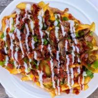 Gappy Hour Fries · Served with cheese, chives, breaded chicken, BBQ sauce, and ranch.