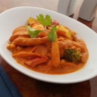 Red Thai Curry · Chicken white meat or Fish or Lamb Curry with bell-pepper, bamboo shoots & onion in Coconut ...