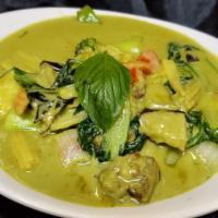 Veg Green Curry · Eggplant with mixed vegetables and onions with bell-pepper, bamboo shoots in Coconut milk ba...