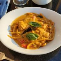 Veg Penang Curry  · Tofu with mixed vegetables and onions with bell-pepper, bamboo shoots in Coconut milk based ...