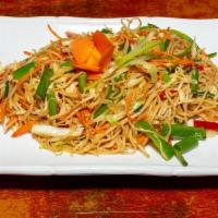 Hakka Noodles · Lo mein with onions, cabbage, carrots, and scallions