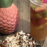 Fruity Tuti Acai Bowl · Base: Acai, mango, banana and H2O. Toppings: granola, banana, strawberry, blueberries, cocon...