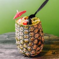 Pineapple Express · Base: Two acai base or two dragon fruit. Ingredients: granola, strawberry, banana, blackberr...