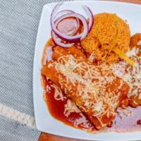 Enchiladas · Soft tortillas stuffed w/ chicken, covered w/ red sauce & melted cheese.