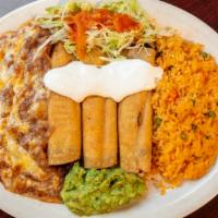 Flautas · Made of tortillas fried to pastry like flakiness filled w/ beef or chicken. Garnished w/ gua...
