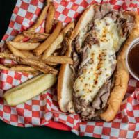 The Italian Beef · Thinly sliced roast beef in Italian gravy topped with mozzarella cheese on a French roll (sw...